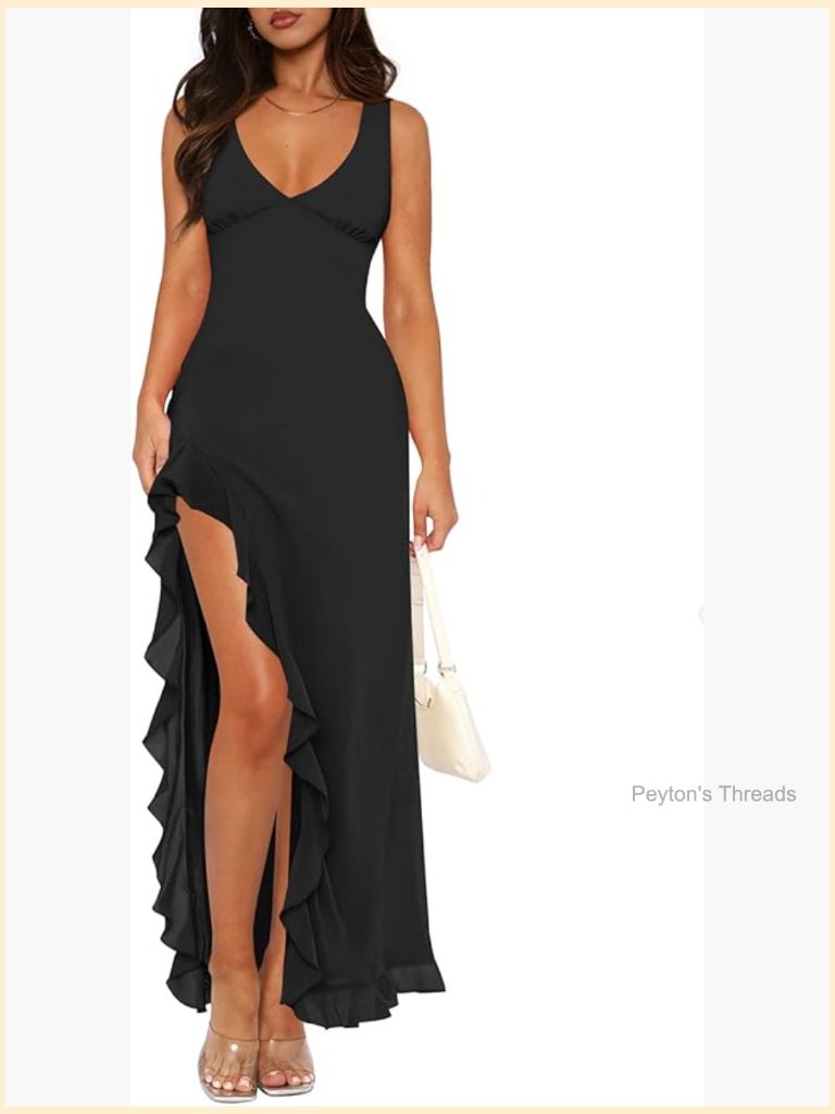 Sexy V Neck Mesh Ruffles Hem High Slit Bodycon Maxi Dress
